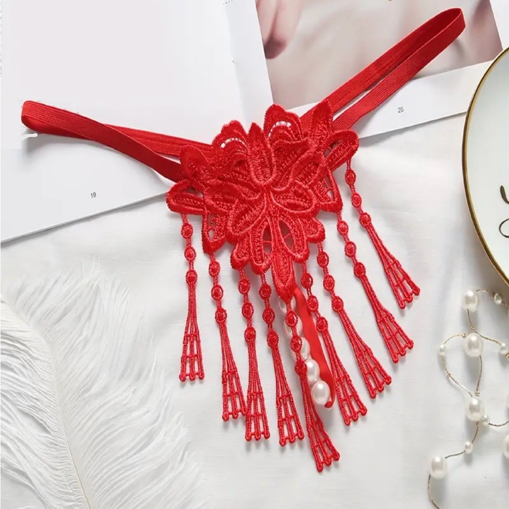 Solid Embroidery Elastic‎ Red Thong Tassel Faux Pearl Decor Intimate Panties